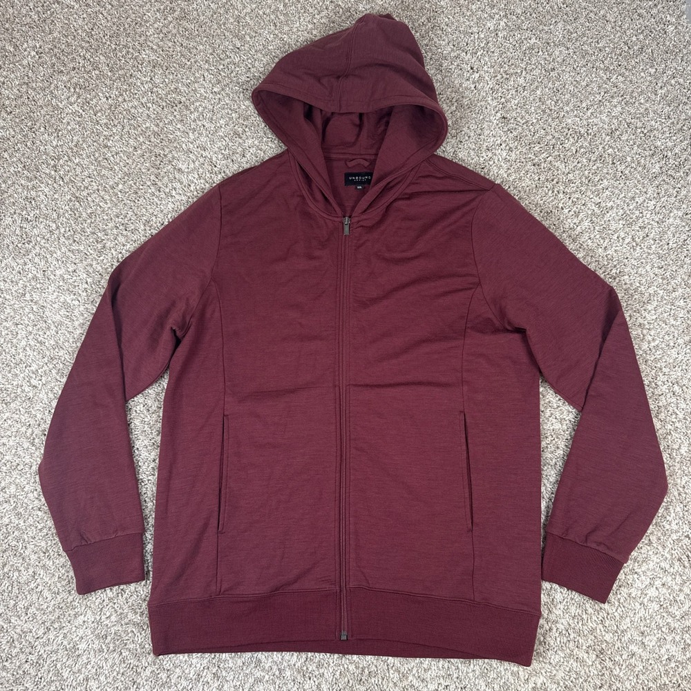 Unbound Merino Hoodie Mens XXL Burgundy Full Zip Merino Wool Travel Gorpcore